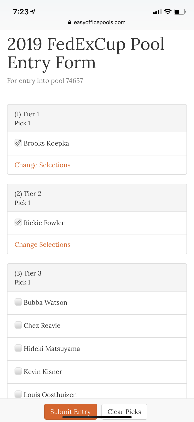 FedExCup Pool Screenshot Entry Form